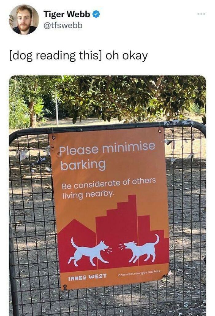 Tweet about a dog reading a sign asking to minimise barking to be considerate, related to doggo memes and wholesome pupper content.