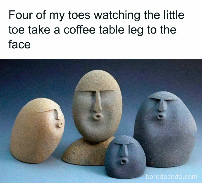 Funny random meme showing stone faces representing toes reacting to one toe hitting a coffee table leg, a random meme to laugh at.