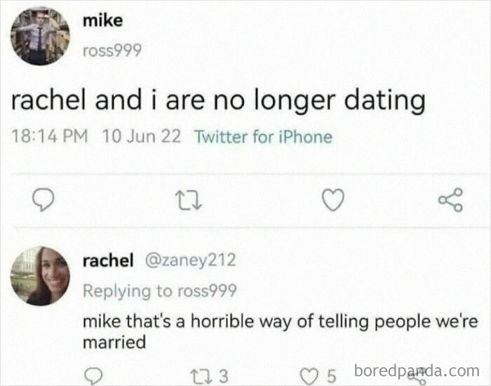 Tweet exchange showing a humorous breakup text mistaken for a marriage announcement, featured in random memes.