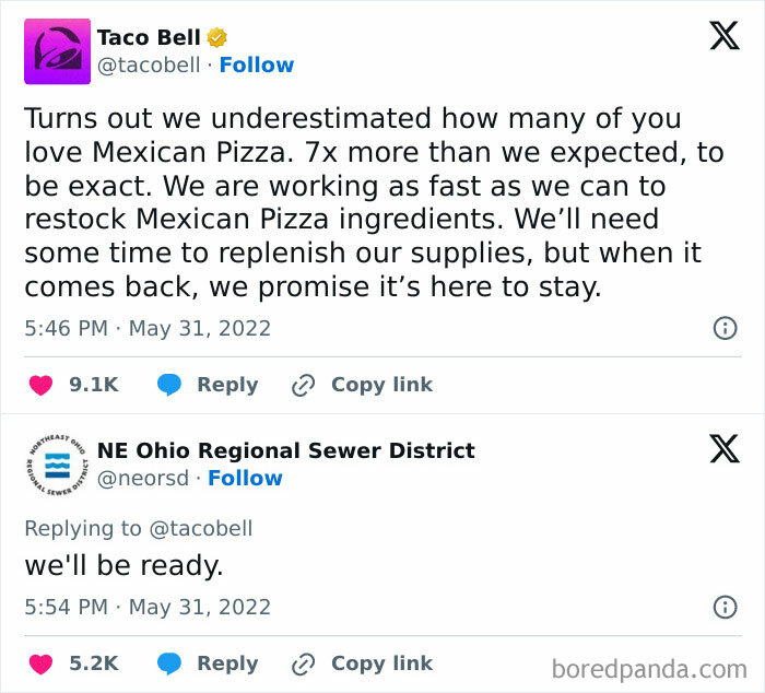 Taco Bell tweet on Mexican Pizza restock with a humorous reply from NE Ohio Regional Sewer District in funny random memes style.