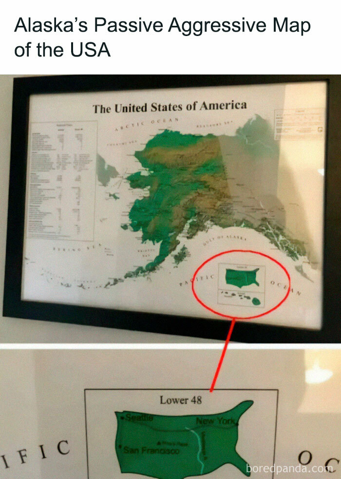 Map of Alaska highlighting the lower 48 states in a humorous meme from random memes collection.