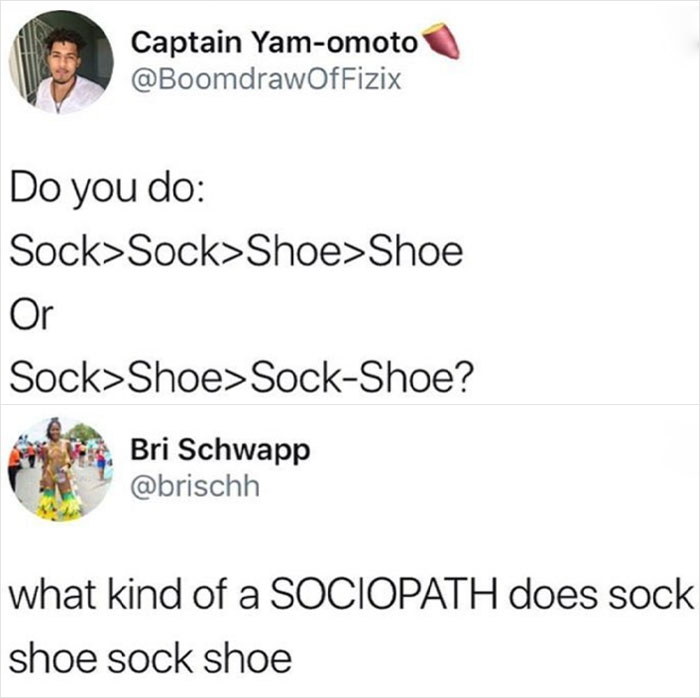 Funny random meme about sock and shoe order, highlighting humor from totally random memes that might make you laugh.