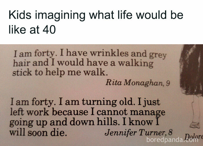 Kids imagining life at 40 with wrinkles, grey hair, and challenges, featured in random memes that might make you laugh.