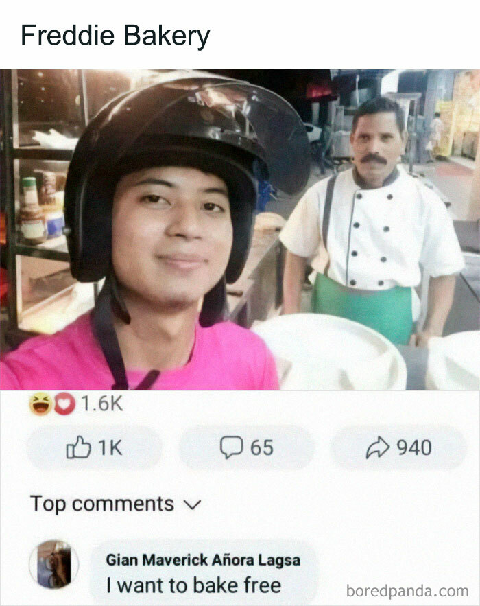 Man in helmet taking selfie with baker in kitchen, funny meme among random memes that might make you laugh