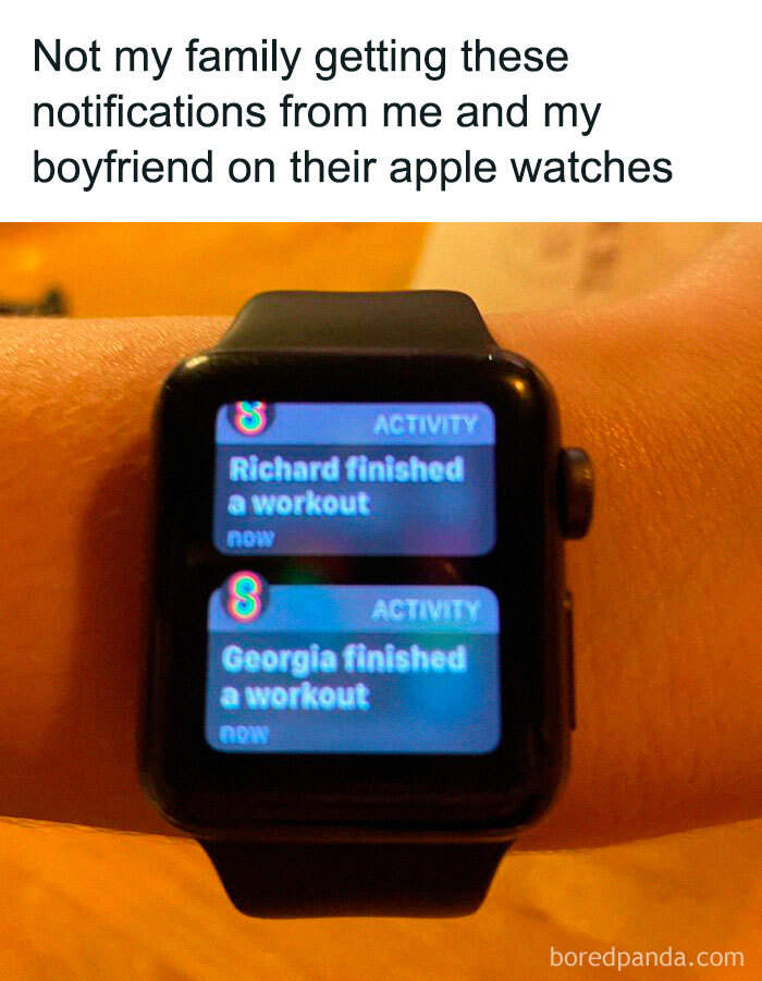 Apple Watch showing workout notifications with text about family receiving random memes and notifications.