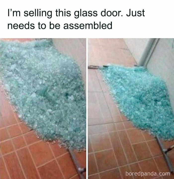 Pile of shattered glass on tiled floor humorously described as a glass door needing assembly in random memes collection.