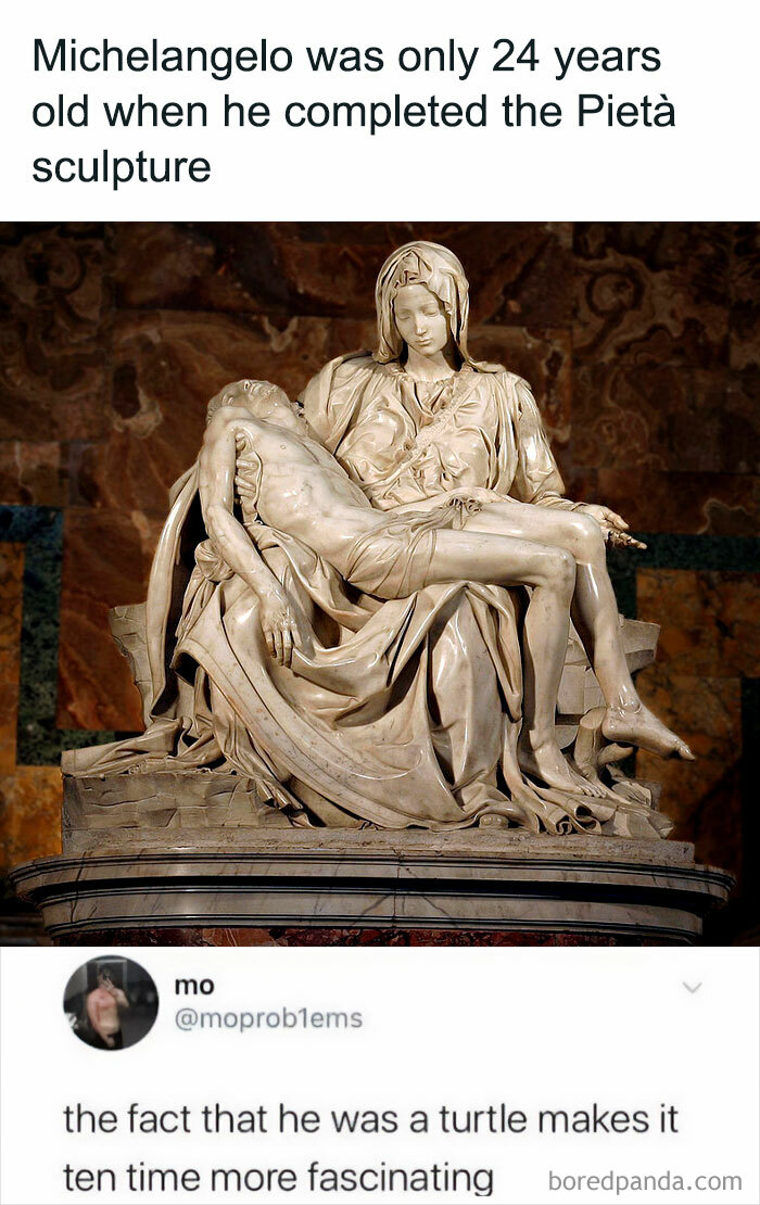 Marble Pietà sculpture by Michelangelo paired with a humorous social media comment in a random meme format.