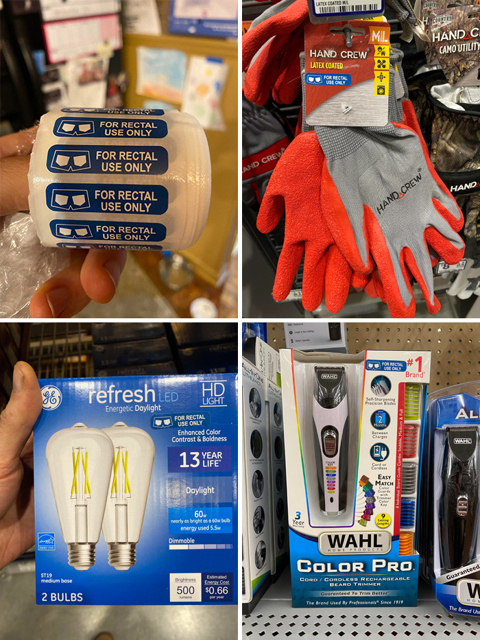 Roll of labels with rectal-use warnings, work gloves, LED bulbs, and a beard trimmer in store displays showing wholesome vandalism.