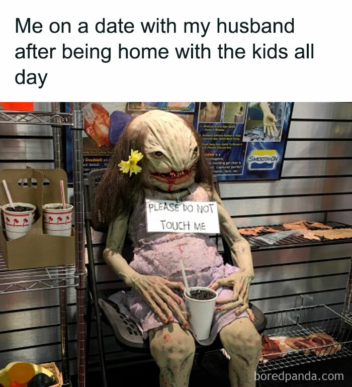 Funny parenting meme showing a tired creature on a date after a long day home with the kids, relatable humor from IG account.