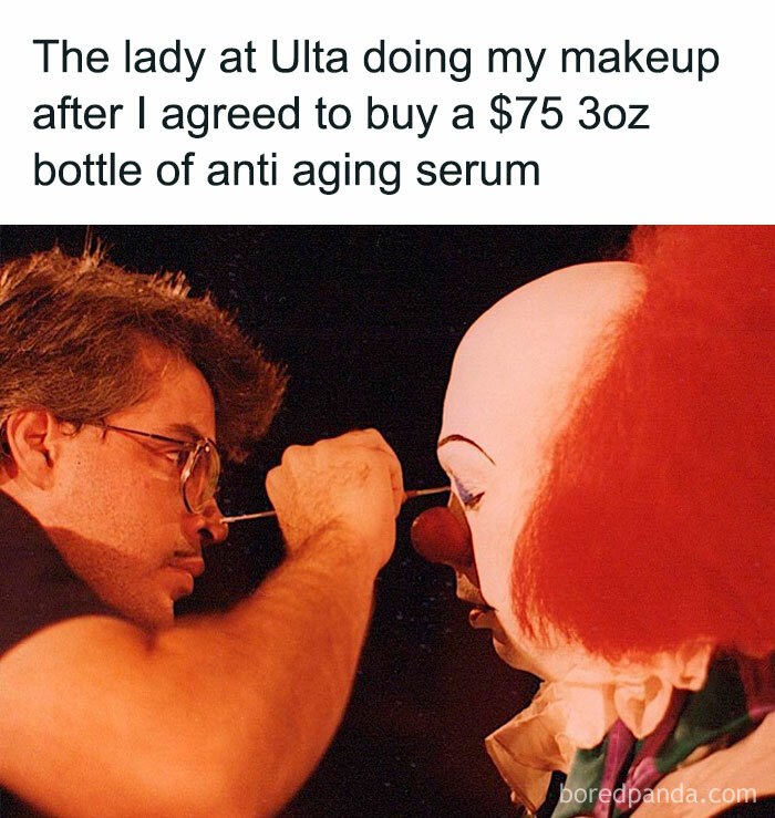 Man applying makeup to a clown, illustrating a funny parenting meme that is painfully relatable on Instagram.
