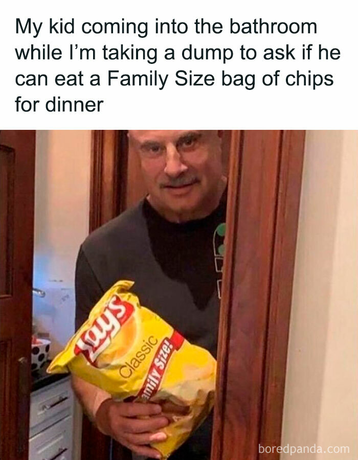 Man holding Family Size Lay's chips, capturing a painfully relatable funny parenting meme moment from an IG account.