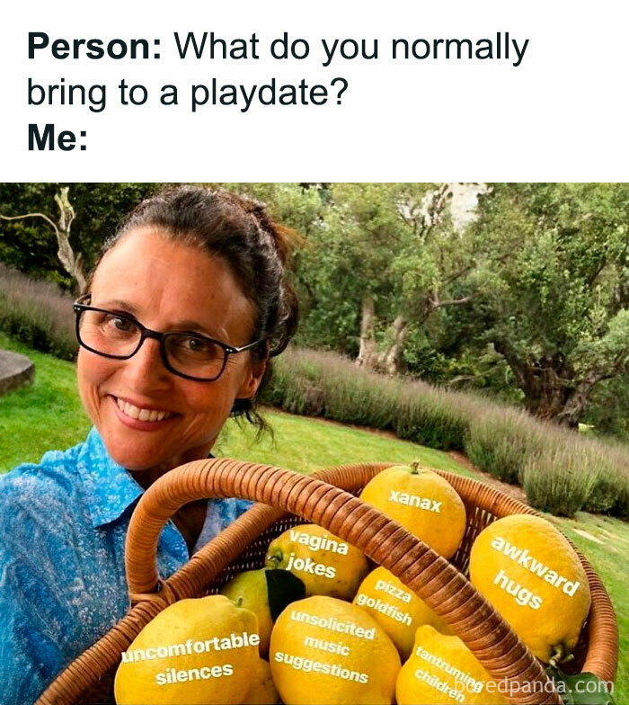 Woman holding a basket of lemons labeled with funny parenting memes from a relatable IG account about parenting humor.