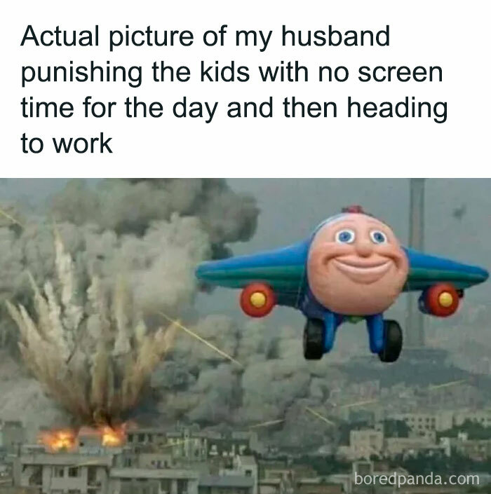 Funny parenting meme showing a cartoon plane flying away from explosions, highlighting painfully relatable parenting moments.