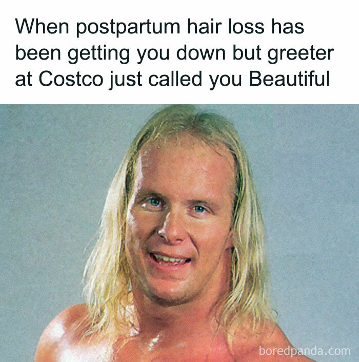 Man with thinning hair smiling in relatable funny parenting meme about postpartum hair loss and encouragement.