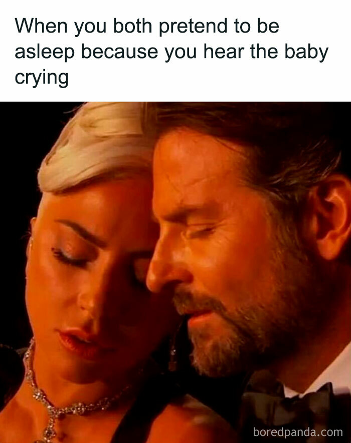 Couple pretending to be asleep, a relatable moment shared on a funny parenting memes Instagram account.