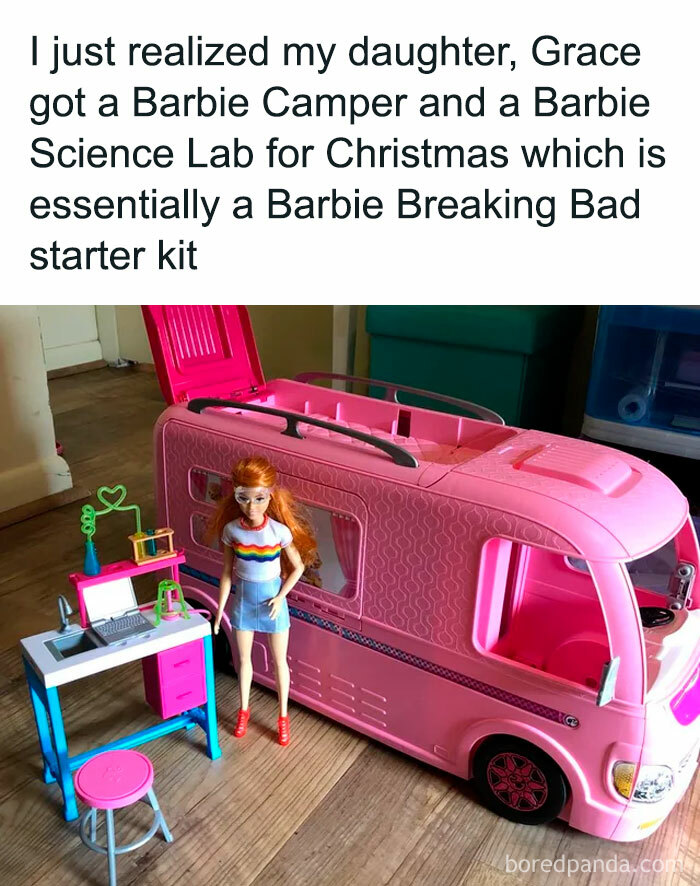 Funny parenting memes featuring a Barbie camper and science lab toy as a relatable parenting moment.