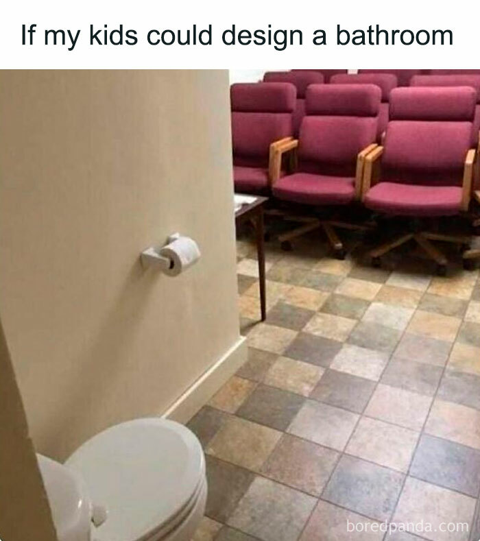 Bathroom with toilet facing rows of office chairs, illustrating funny parenting memes about kids' design choices.