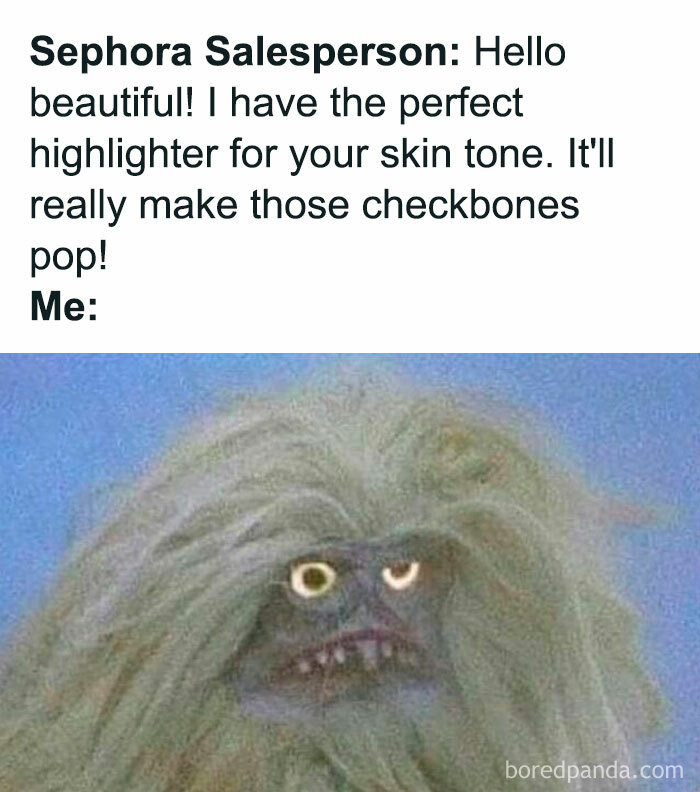 Funny parenting memes showing a messy character reacting to a Sephora salesperson offering highlighter for skin tone.