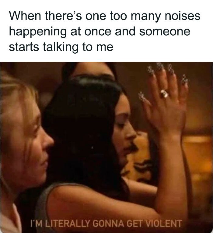 Meme showing a woman frustrated by too many noises, reflecting the chaos in funny pics about mental breakdowns.