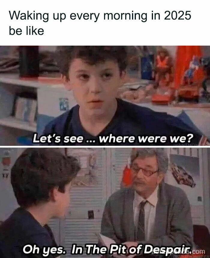 Two scenes from a comedy show with a young man and older man discussing waking up in 2025 feeling stuck in despair, funny pics meme.