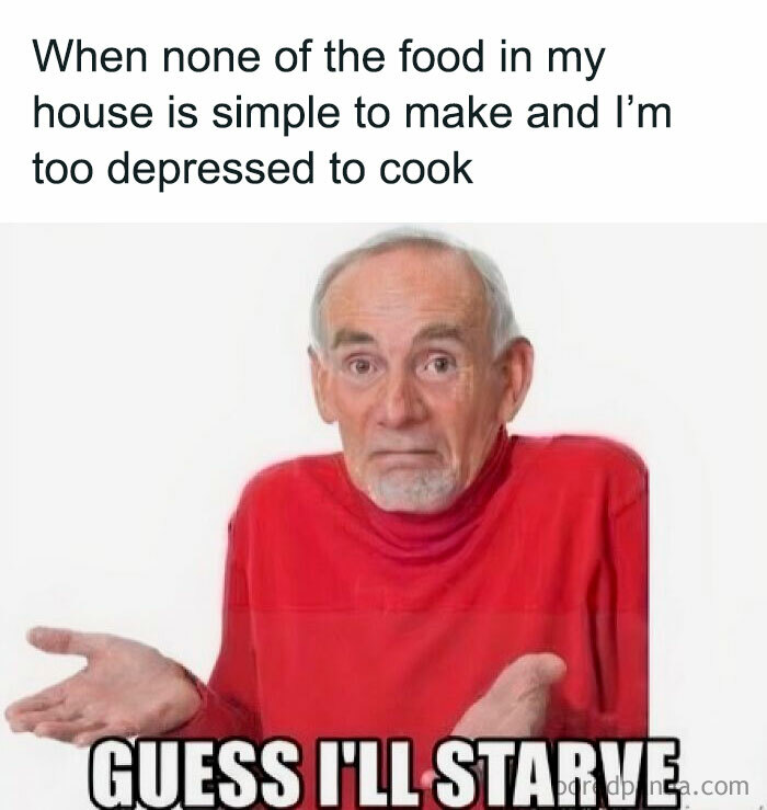Elderly man shrugging in a red sweater with text about food and depression, a funny pic for mental breakdown moments.