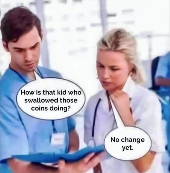 Two medical professionals discussing a patient swallowing coins in a humorous vegan meme format.
