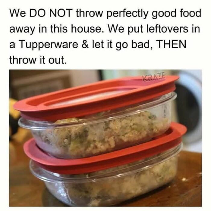 Humorous vegan meme about not wasting food, showing two covered Tupperware containers with leftovers inside.