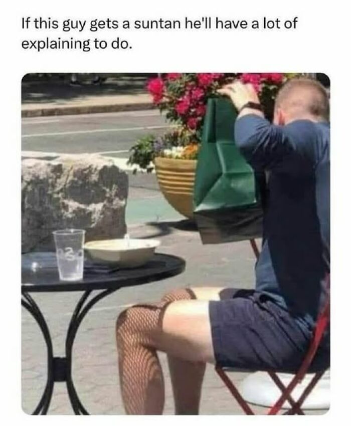 Man wearing fishnet stockings on one leg sitting outside, caption about suntan and balancing on the brink of being offensive vegan memes.