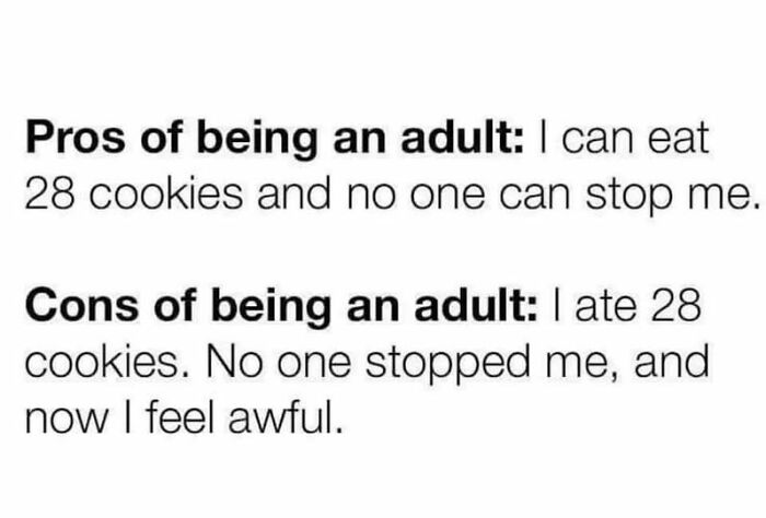 Humorous meme about pros and cons of being an adult, featured in vegan memes balancing on the brink of offense.