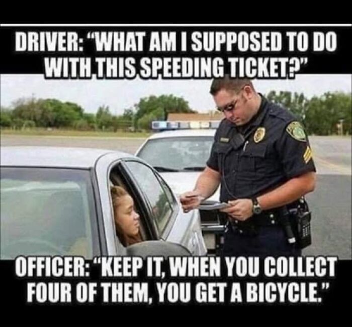 Police officer writing a speeding ticket while a driver asks, with text reflecting humor common in vegan memes.