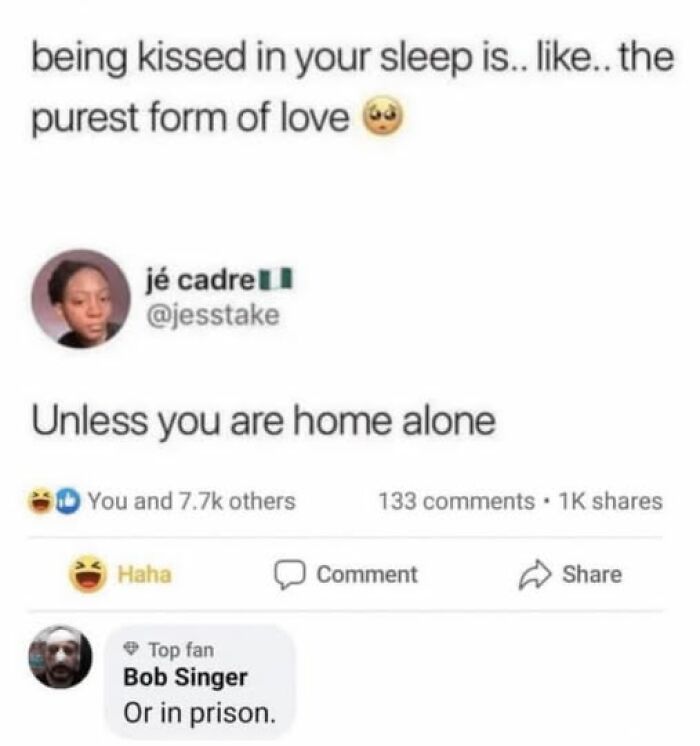 Twitter meme about being kissed in your sleep, shared with comments, humorous vegan meme from social media post.