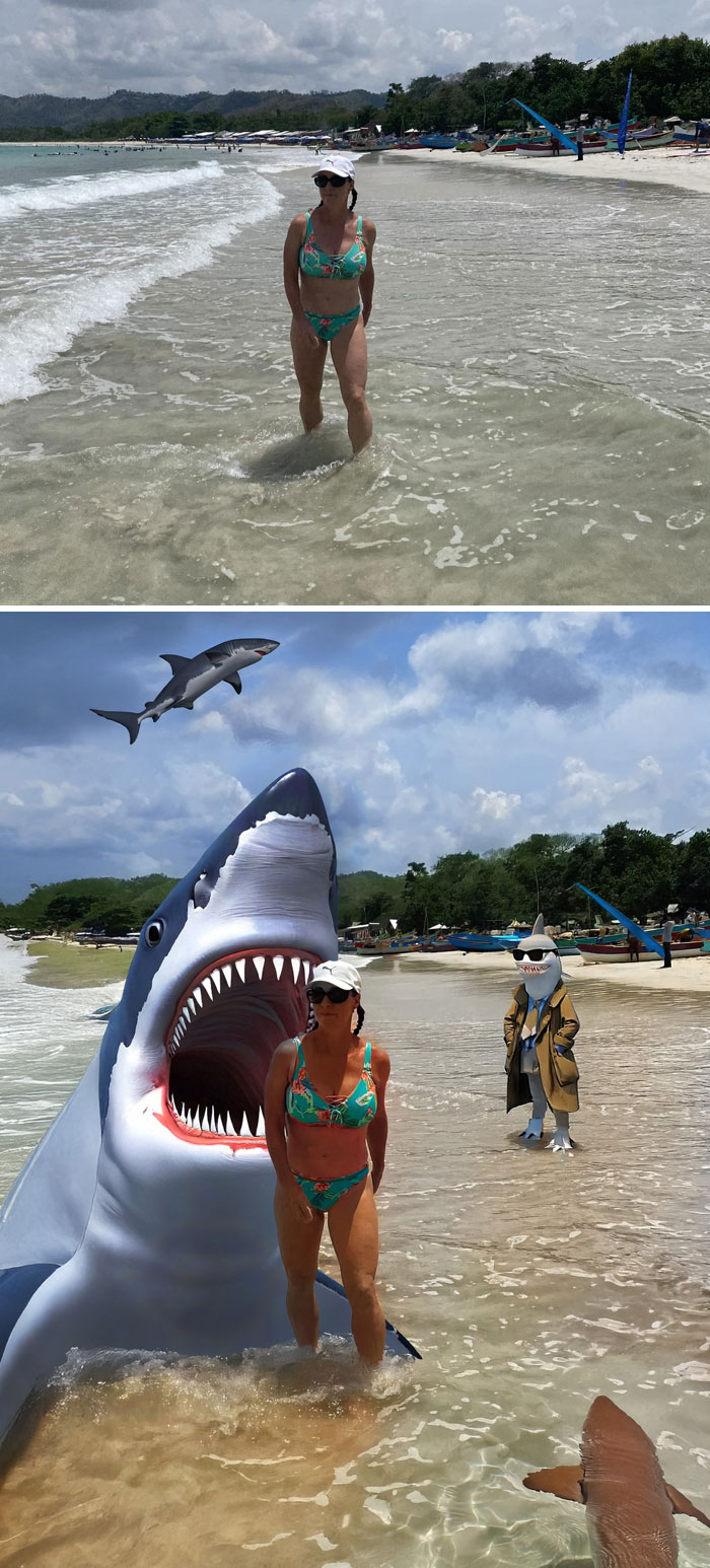 A woman standing on a beach photoshopped with giant sharks and a shark in a trench coat in the water.