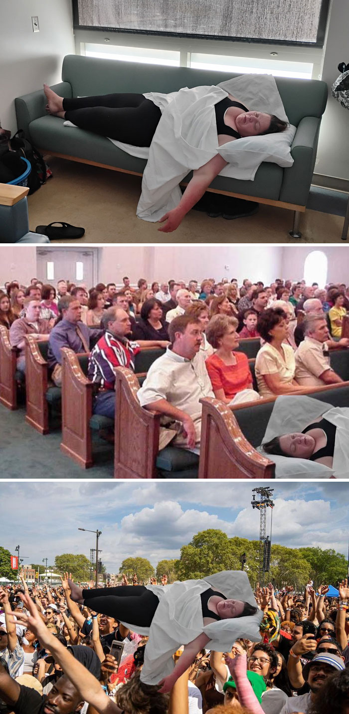 Woman photoshopped sleeping on a couch, in a church, and crowd surfing at a concert in funny photoshop edits.