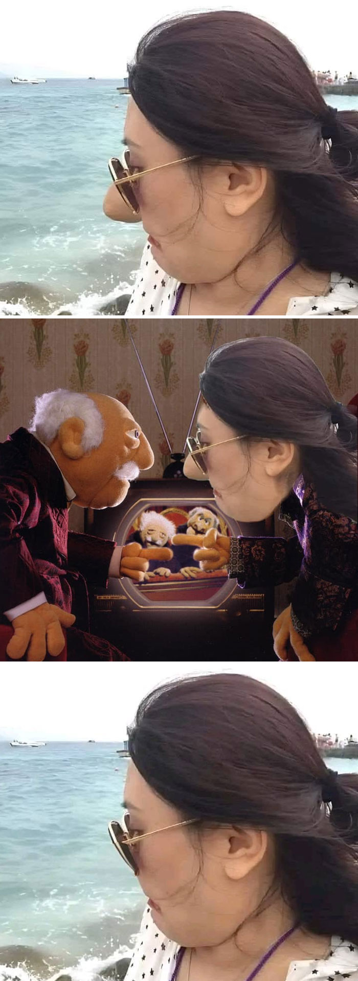 Photo of a woman with sunglasses photoshopped humorously with Muppet characters for funny stranger photo edits.