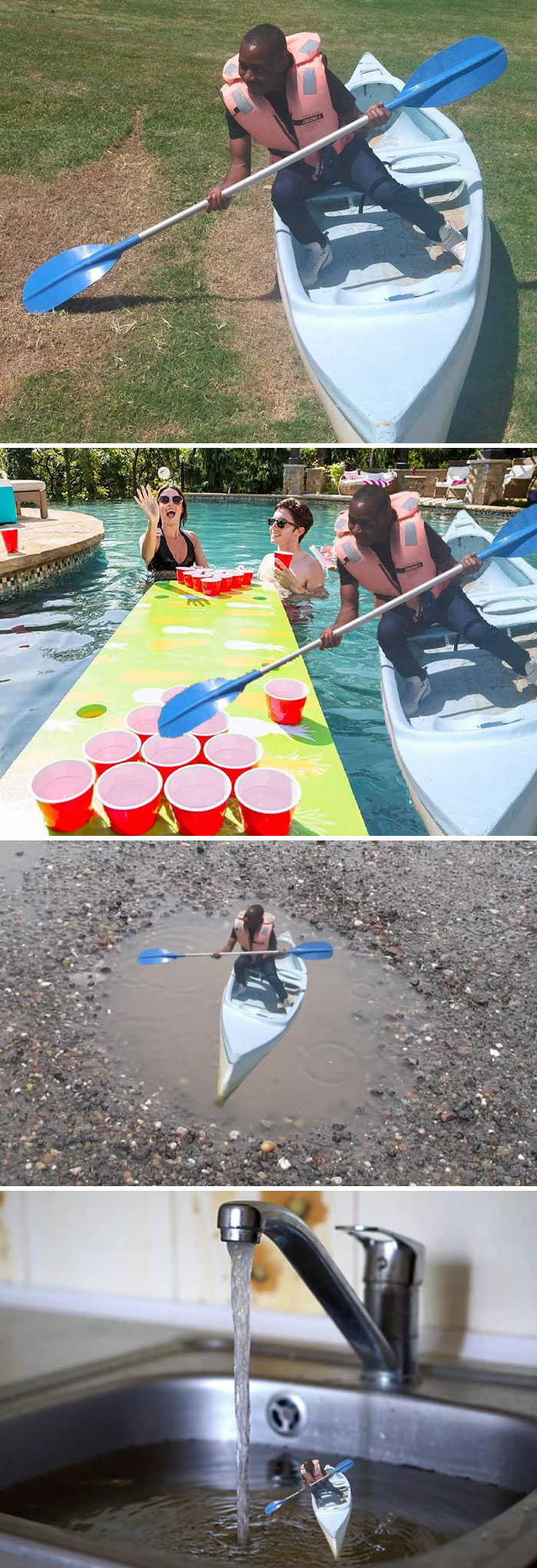 Photoshop fails showing a man in a kayak on grass, in a pool, a puddle, and a sink, humorously edited by strangers.