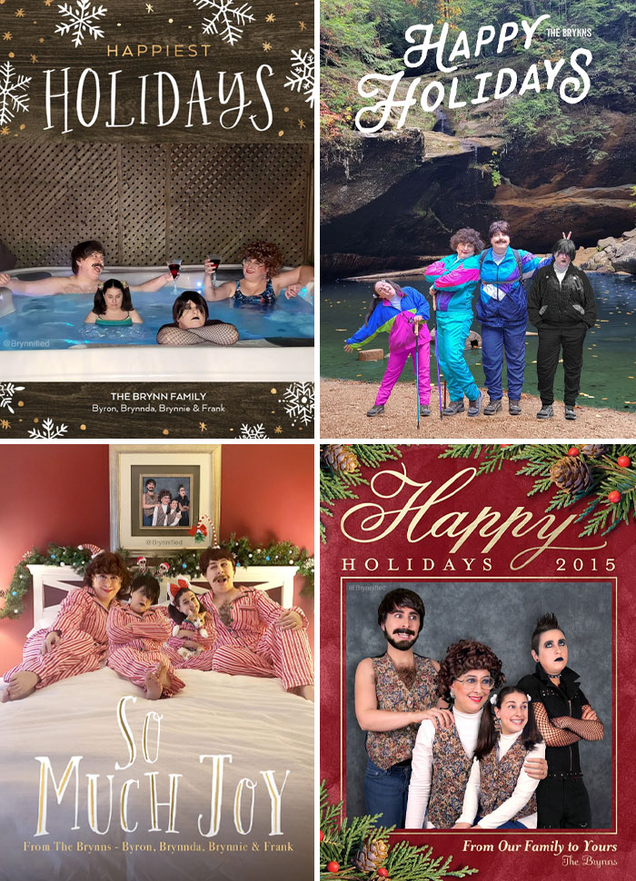 A family with hilarious photoshopped faces in funny holiday-themed photos showcasing impressive photoshop skills.