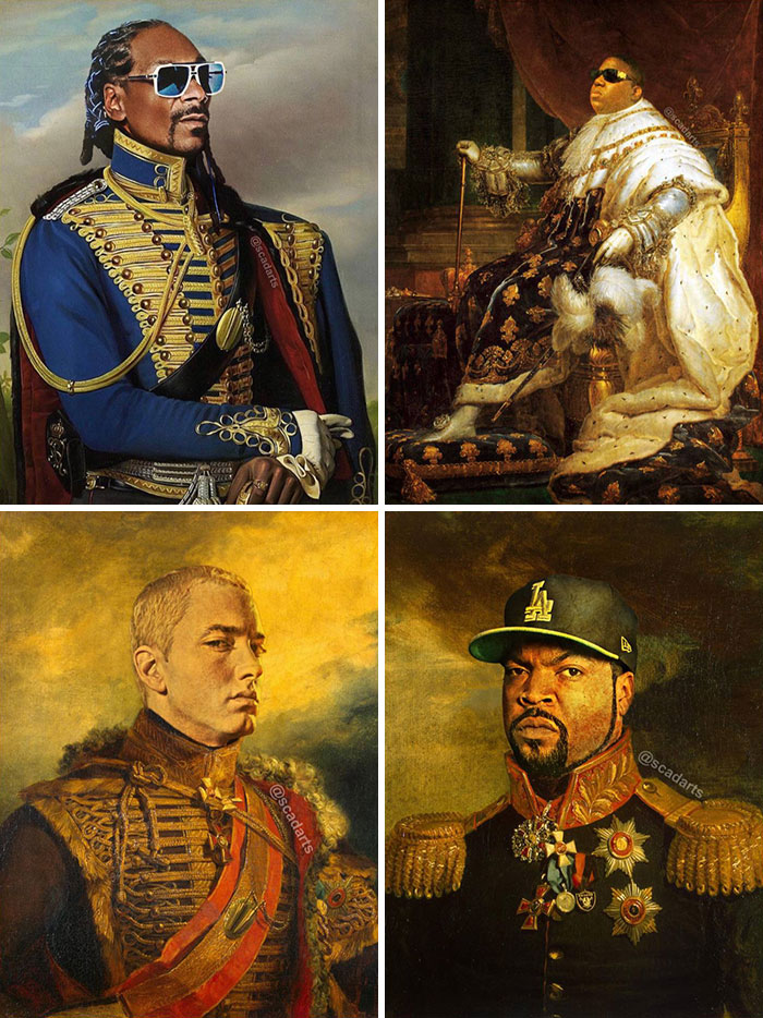 Collage of famous hip hop artists photoshopped in classic royal portraits, showcasing hilarious Photoshop skills and creativity.