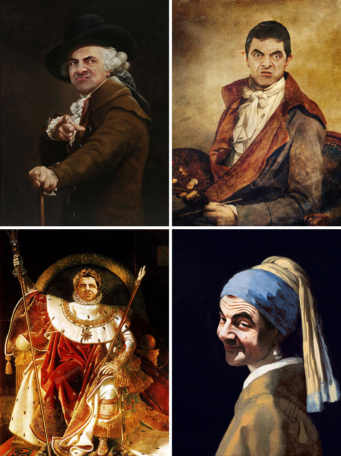 Four humorous Photoshop portraits blending classic art with modern faces showcasing top hilarious Photoshop skills.