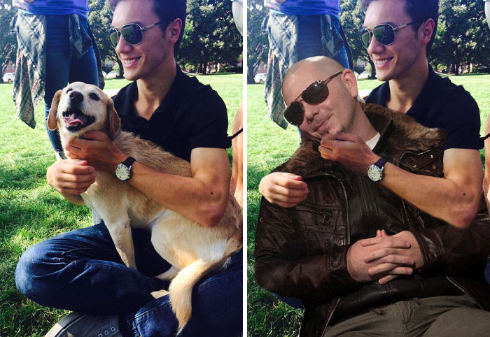 Side-by-side images showing original photo with dog and a hilarious Photoshop with a man, showcasing top Photoshop skills.