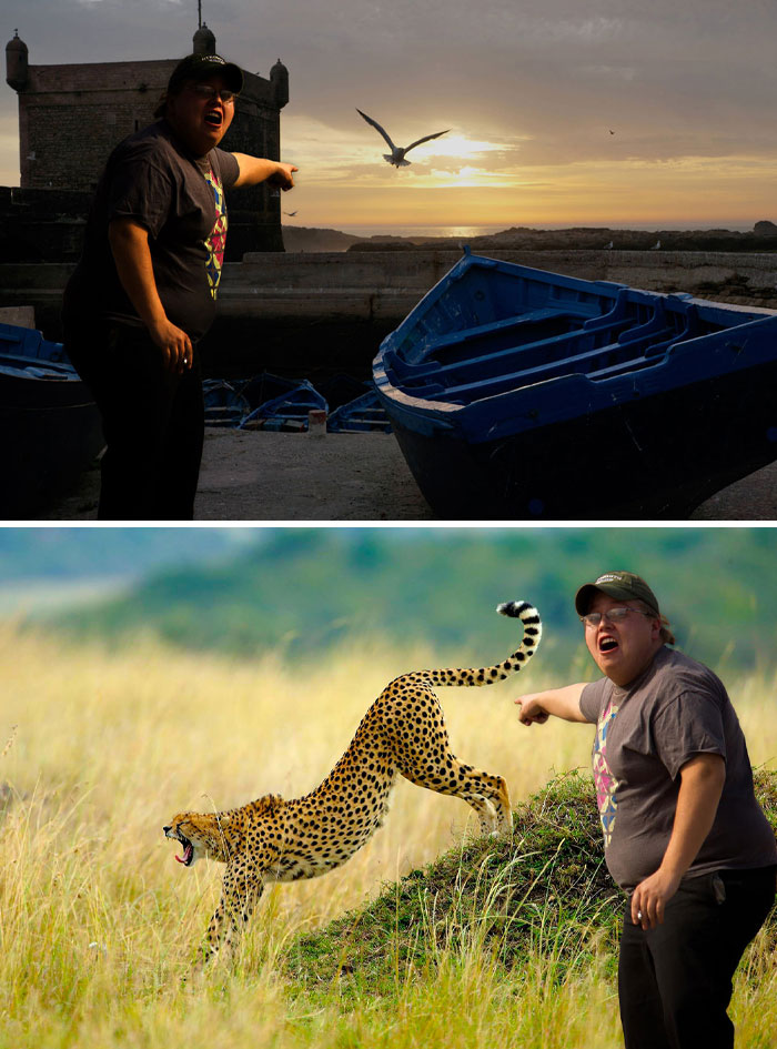 Man pointing at a bird and a cheetah in surreal scenes showcasing hilarious Photoshop skills in outdoor settings.