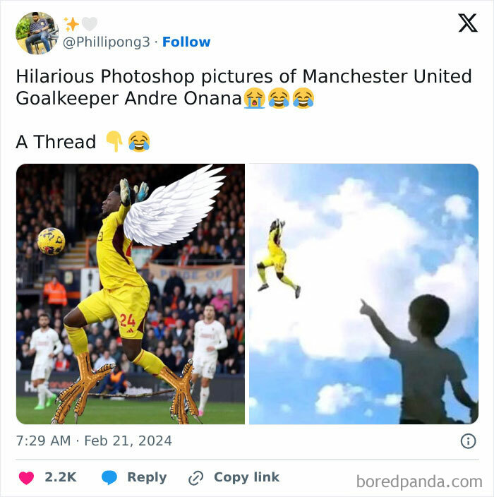 Photoshop edits showing Manchester United goalkeeper with exaggerated bird features and flying in the sky for hilarious Photoshop skills.