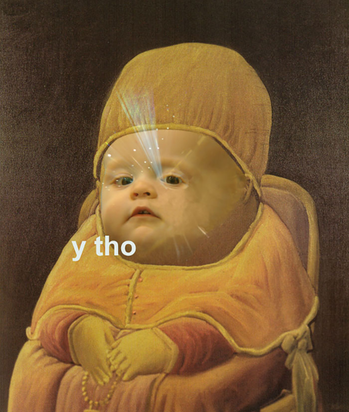 Surreal Photoshop skills blend a baby's face with a classical painting, creating a hilarious and unexpected visual effect.