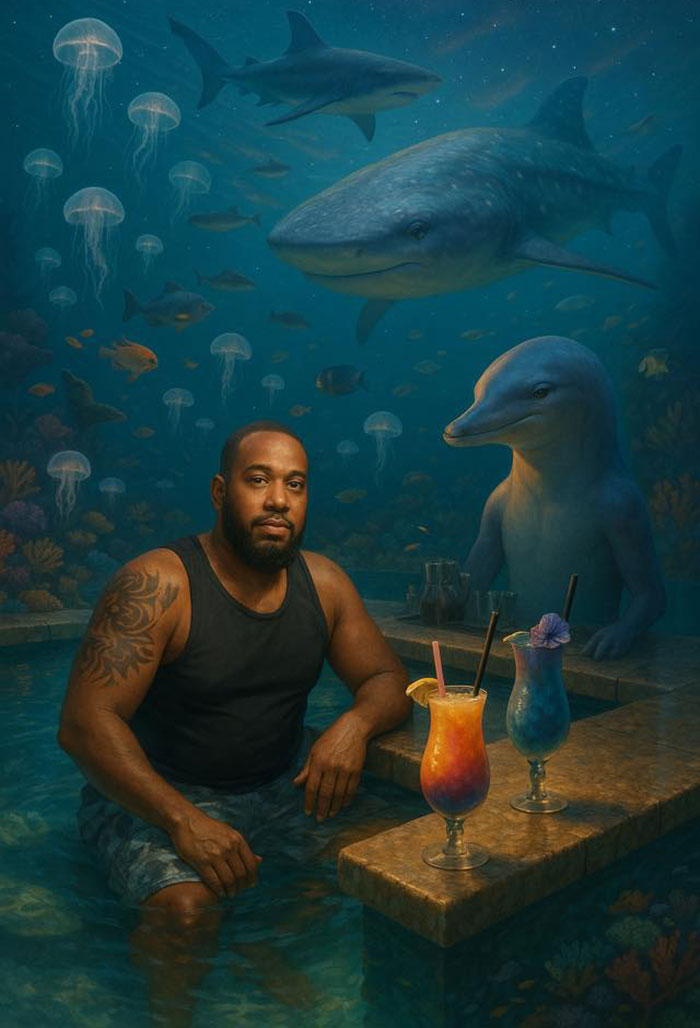 Man sitting in a pool with a dolphin and sharks underwater, showcasing hilarious Photoshop skills creativity.