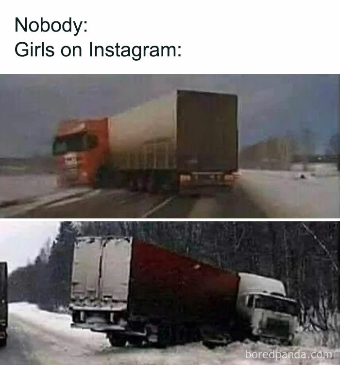 Meme showing two trucks crashing on snowy roads, illustrating silly and relatable Instagram memes about girls.