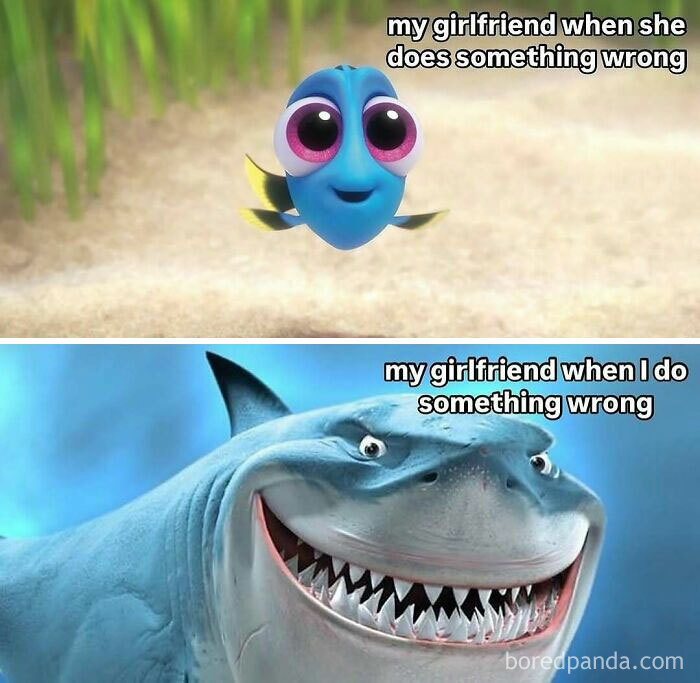 Animated fish characters showing contrasting reactions to mistakes, featured in silly, relatable, and spicy memes on IG page.