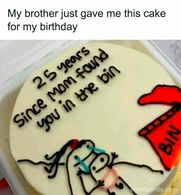 Humorous birthday cake with spicy meme text about family, featured among silly relatable memes on popular IG page.