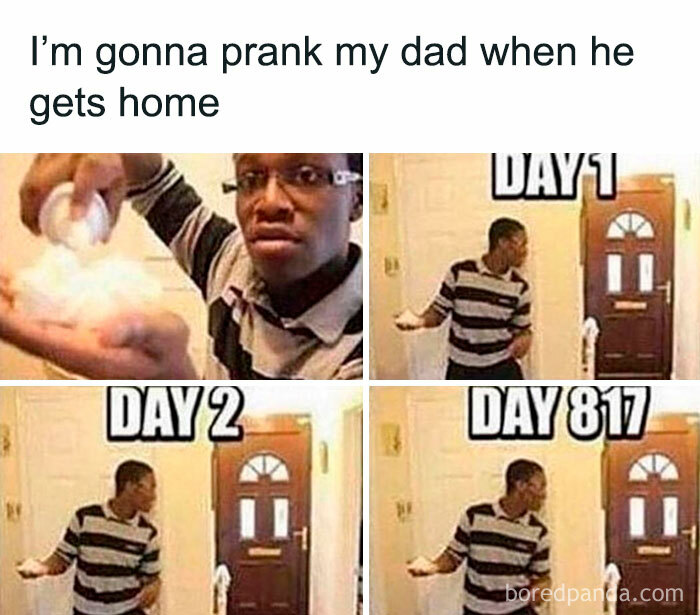 Man preparing a prank with cotton balls at the door, showing patience over days in a relatable meme about silly, spicy memes.