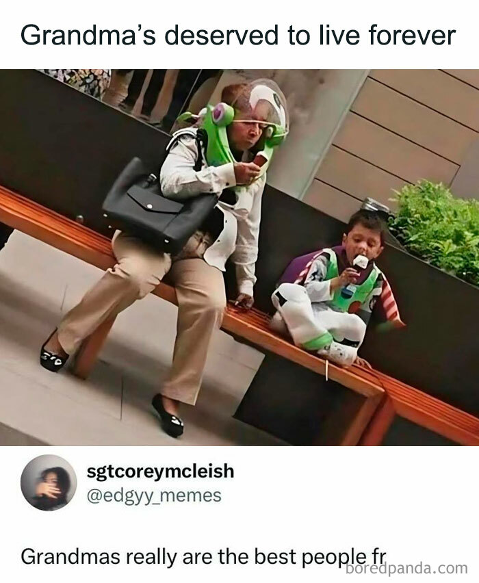Grandma and child dressed as Buzz Lightyear eating ice cream, a relatable and spicy meme on this IG page.
