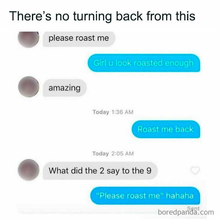 Text conversation meme showing a playful roast exchange featuring silly, relatable, and spicy memes shared on an IG page.