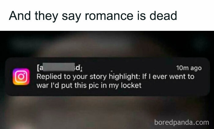 Screenshot of a spicy and relatable meme showing a romantic Instagram message with the phrase romance is dead.